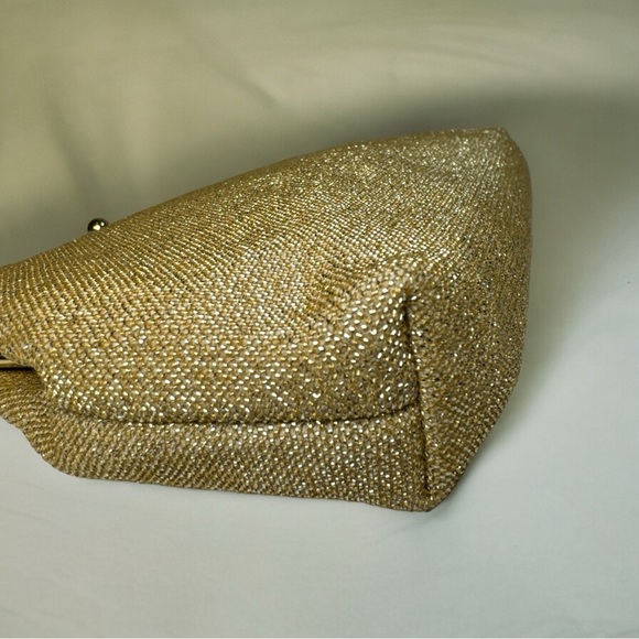 Vintage Gold Metallic Lamé Beaded Kiss Lock Clutch Handbag Satin Interior EUC - Picture 9 of 11